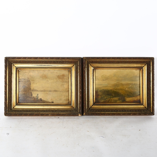 2833 - A pair of Victorian oils on canvas, landscape and harbour view, in giltwood and gesso frames, unsign... 