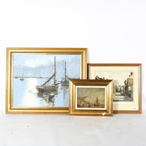 2834 - A Stringer, oil on canvas, beached sailing boats, 47cm x 57cm, a Continental coloured print, and ano... 