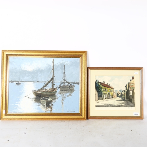 2834 - A Stringer, oil on canvas, beached sailing boats, 47cm x 57cm, a Continental coloured print, and ano... 