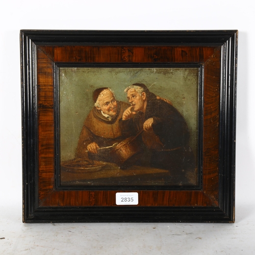 2835 - A small oil on canvas, monks at dinner, 33cm x 36cm overall, framed