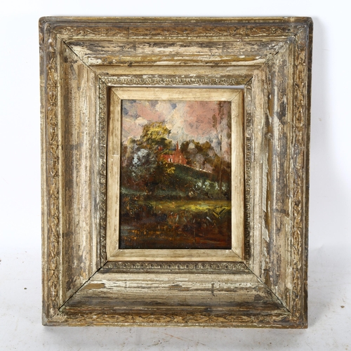 2836 - A small oil on board, double-sided, house study and panoramic view with cart, mounted in a revolving... 