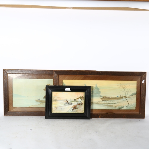 2837 - A pair of Japanese watercolours, panoramic shore views, signed, 37cm x 73cm overall, framed, and J O... 