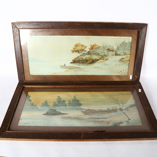 2837 - A pair of Japanese watercolours, panoramic shore views, signed, 37cm x 73cm overall, framed, and J O... 