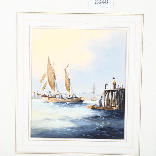 2840 - Ken Hammond, watercolour, sailing ships near a pier, 35cm x 32cm overall, framed