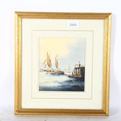 2840 - Ken Hammond, watercolour, sailing ships near a pier, 35cm x 32cm overall, framed