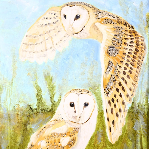 2843 - Clive Fredriksson, acrylics on panel, study of owls, 79cm x 63cm overall