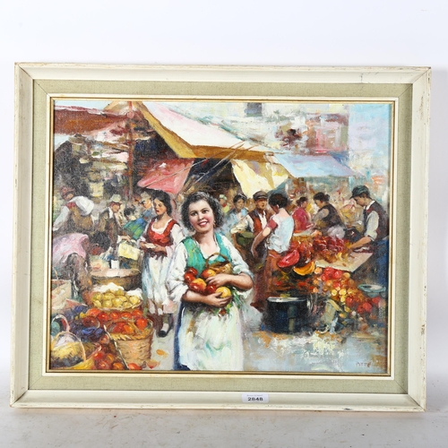 2848 - A contemporary oil on panel, Continental market scene, 49cm x 59cm