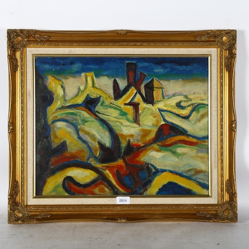 2854 - Kathleen Boyland, oil on board, abstract landscape, 40cm x 50cm, framed