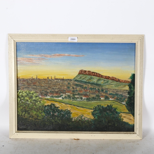 2860 - John Graham May, oil on board, Edinburgh and Salisbury crags, signed and dated 1960, 40cm x 53cm, fr... 