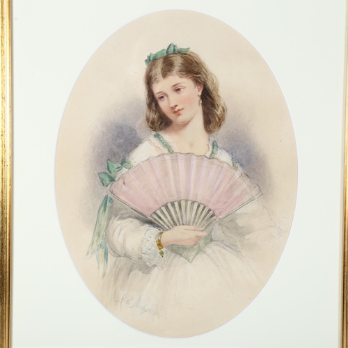 2862 - Henry Hobson (flourished 1857 - 1866), watercolour, portrait of a girl with a fan, signed, 38cm x 29... 