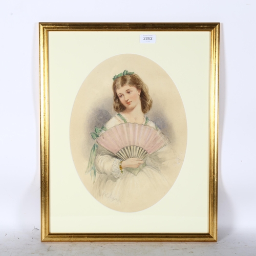 2862 - Henry Hobson (flourished 1857 - 1866), watercolour, portrait of a girl with a fan, signed, 38cm x 29... 