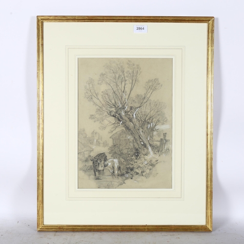 2864 - 19th century charcoal/chalk drawing, cattle, unsigned, 37cm x 26cm, framed