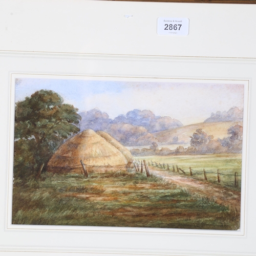 2867 - 19th century watercolour, haystacks, unsigned, 17cm x 28cm, framed