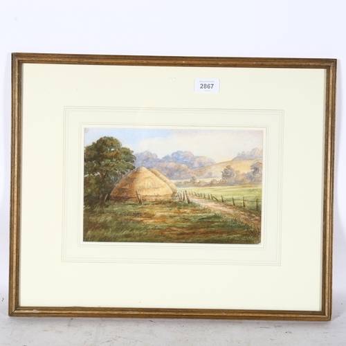 2867 - 19th century watercolour, haystacks, unsigned, 17cm x 28cm, framed