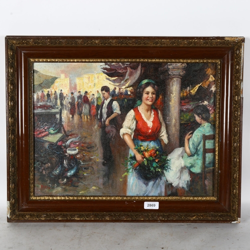 2869 - Contemporary oil on board, Continental market scene, 48cm x 58cm