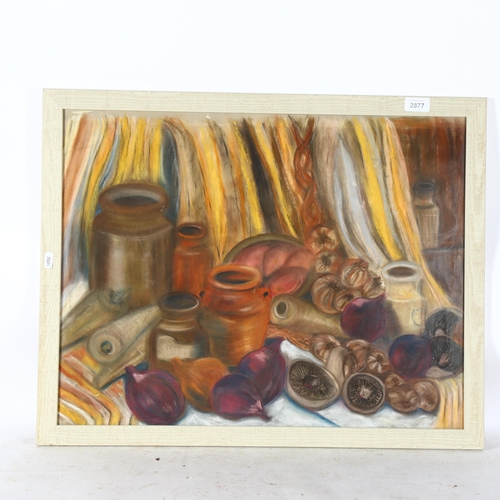 2877 - Hilary McMaster, pastels and charcoal, red onions and pots, 54cm x 68cm overall, framed