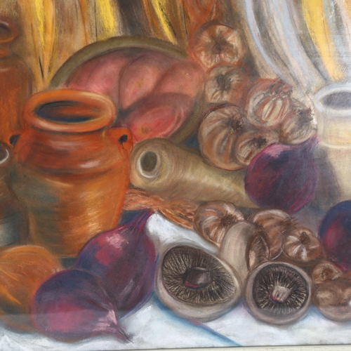 2877 - Hilary McMaster, pastels and charcoal, red onions and pots, 54cm x 68cm overall, framed