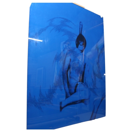 2882 - A large blue print on perspex, 155cm x 125cm, unframed