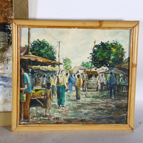 2886 - Indonesian oil on canvas board, temple buildings, indistinctly signed, 50cm x 63cm, framed, and D Ma... 