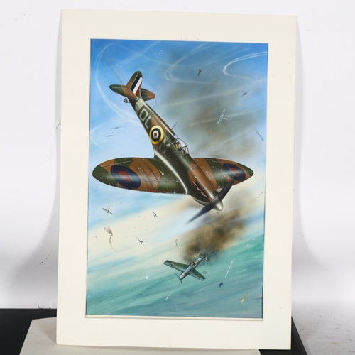 2887 - Milton Bradley, gouache, Spitfire dog fight, label verso, 49cm x 32cm, mounted