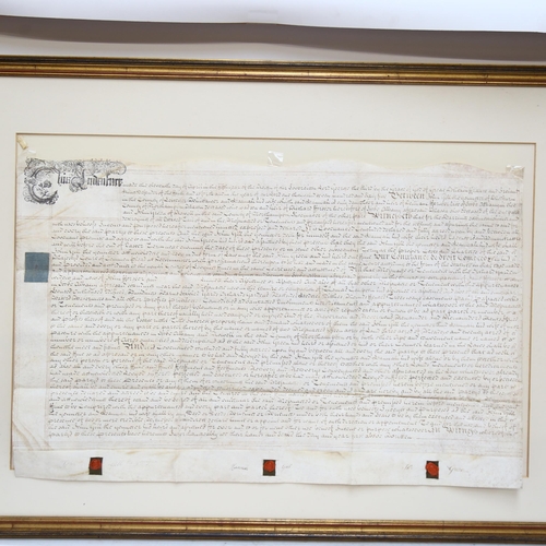 673 - 19th century velum indenture, with wax seal, framed, 79cm x 106cm