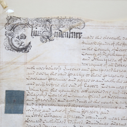 673 - 19th century velum indenture, with wax seal, framed, 79cm x 106cm