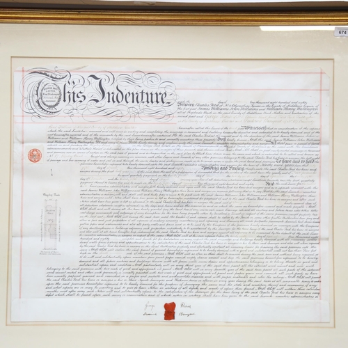 674 - A Victorian velum Indenture, wax seal, cost 3 shillings, 84cm x 93cm, framed