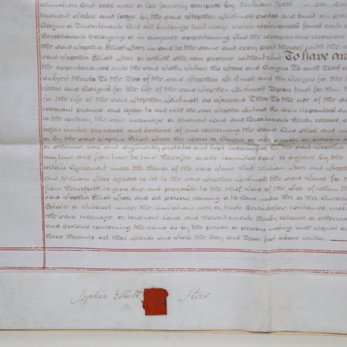 675 - A George IV velum Indenture, dated 1817, complete with wax seal, cost of £1, 86cm x 100cm, framed