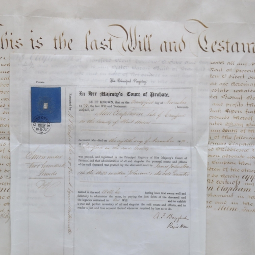 677 - A Victorian framed Probate and Last Will and Testament of Anne Clapham dated 1871, 79cm x 77cm, fram... 