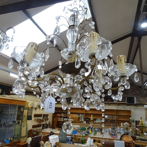 334 - Vintage 6-branch glass chandelier with brass mounts and lustre drops, diameter 42cm approx