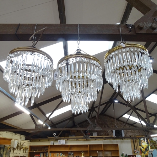 347 - A set of 3 x 3-tier chandeliers with gilt-metal mounts and lustre drops, diameter 21cm