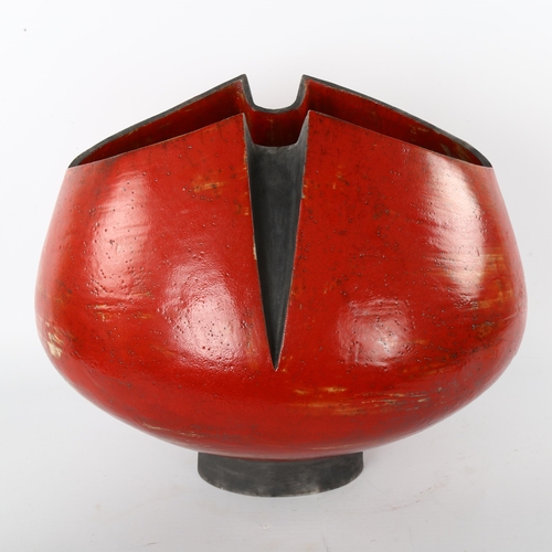 45 - Helene Van Dongen, Holland, a large raku fired red glaze vessel, impressed makers mark to base, heig... 