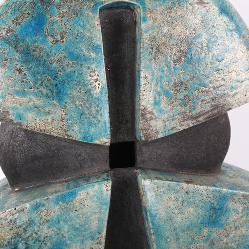 46 - Helene Van Dongen, Nederlands, a large raku fired turquoise flattened ovoid form sculpture, maker's ... 