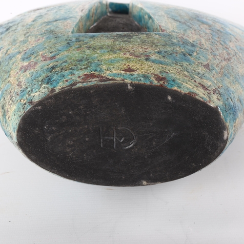 46 - Helene Van Dongen, Nederlands, a large raku fired turquoise flattened ovoid form sculpture, maker's ... 