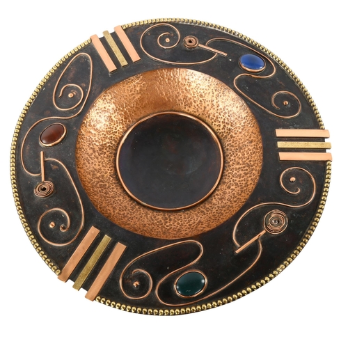 47 - A mid-century handmade copper and brass centre dish, with ceramic inserts, marked SF 009 to base, di... 