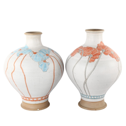 62 - Michael Hawkins, 2 large studio pottery vases of baluster form with sgraffito decoration, with impre... 