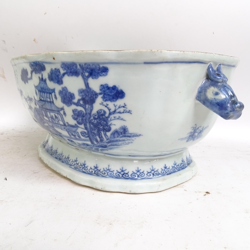 175 - A Chinese Nanking blue and white porcelain tureen and cover, with hand painted decoration, length in... 