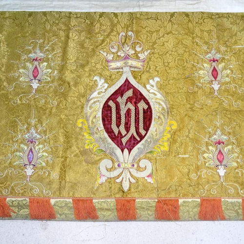 63 - A 19th century gold silk altar cloth, with gold and coloured embroidered floral decoration, with cen... 