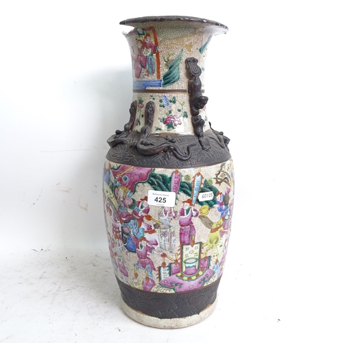 425 - A Chinese crackle glaze vase, with painted figures, H46cm (A/F), on wooden plinth