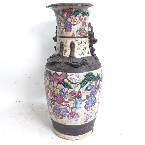 425 - A Chinese crackle glaze vase, with painted figures, H46cm (A/F), on wooden plinth