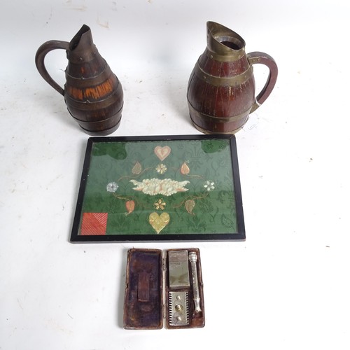 458 - 2 European metal-bound coopered jugs, tallest 19cm, an Oriental embroidered panel, and a pocket edit... 