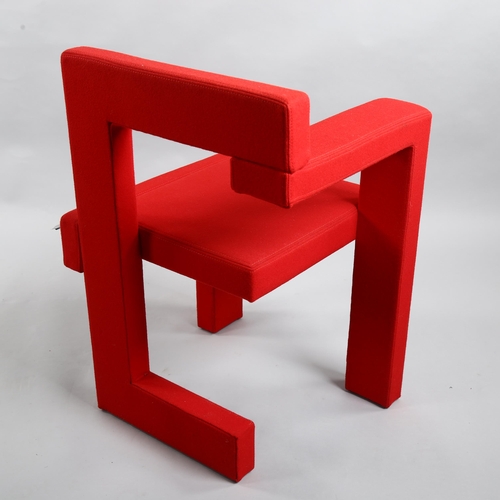 103 - Gerrit Rietveld, a Steltman chair by Rietveld Originals, the assymetrical wooden structure with red ... 