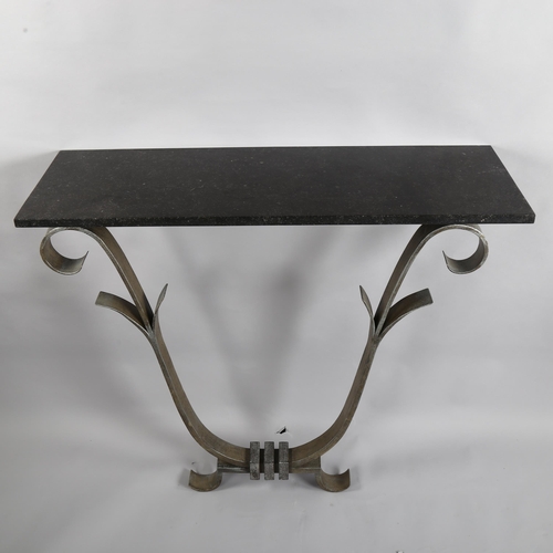 98 - A Hollywood Regency Art Deco design iron console table with marble top in the manner of Villiers, he... 