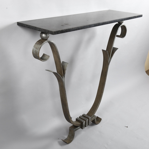 98 - A Hollywood Regency Art Deco design iron console table with marble top in the manner of Villiers, he... 