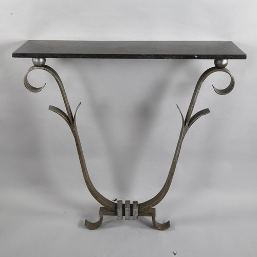 99 - A Hollywood Regency Art Deco design iron console table  with marble top in the manner of Villiers, h... 