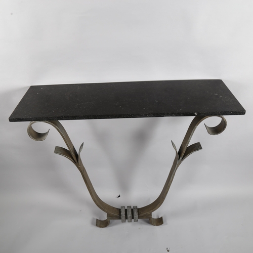 99 - A Hollywood Regency Art Deco design iron console table  with marble top in the manner of Villiers, h... 