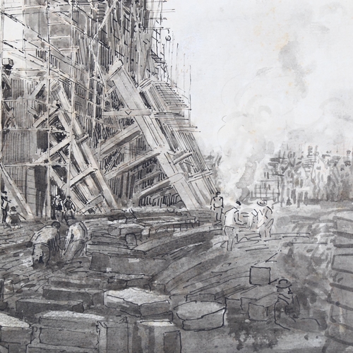 300 - An early 20th century British School, re-building Winchester Cathedral, monochrome watercolour and i... 