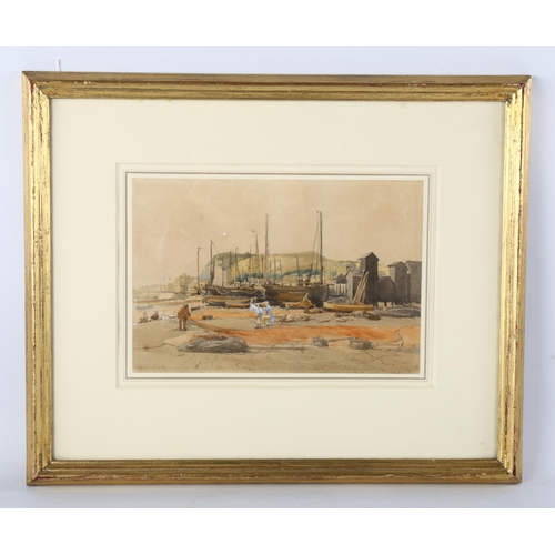 309 - W E Croxford, Hastings fishing beach scene, watercolour, signed, 16.5cm x 24cm, framed