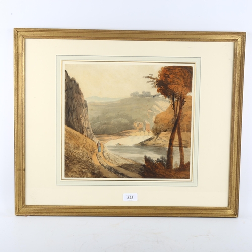 328 - 19th century British School, river landscape, watercolour, unsigned, 30cm x 34cm, framed