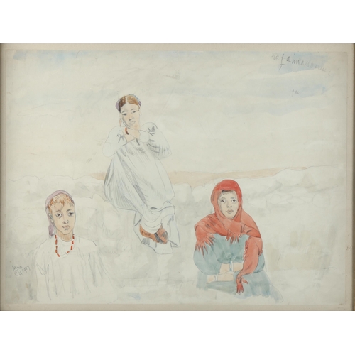 330 - Edna Clarke Hall (1879 - 1979), 3 watercolours, study of 3 Egyptian women, 34cm x 36cm, botanical st... 